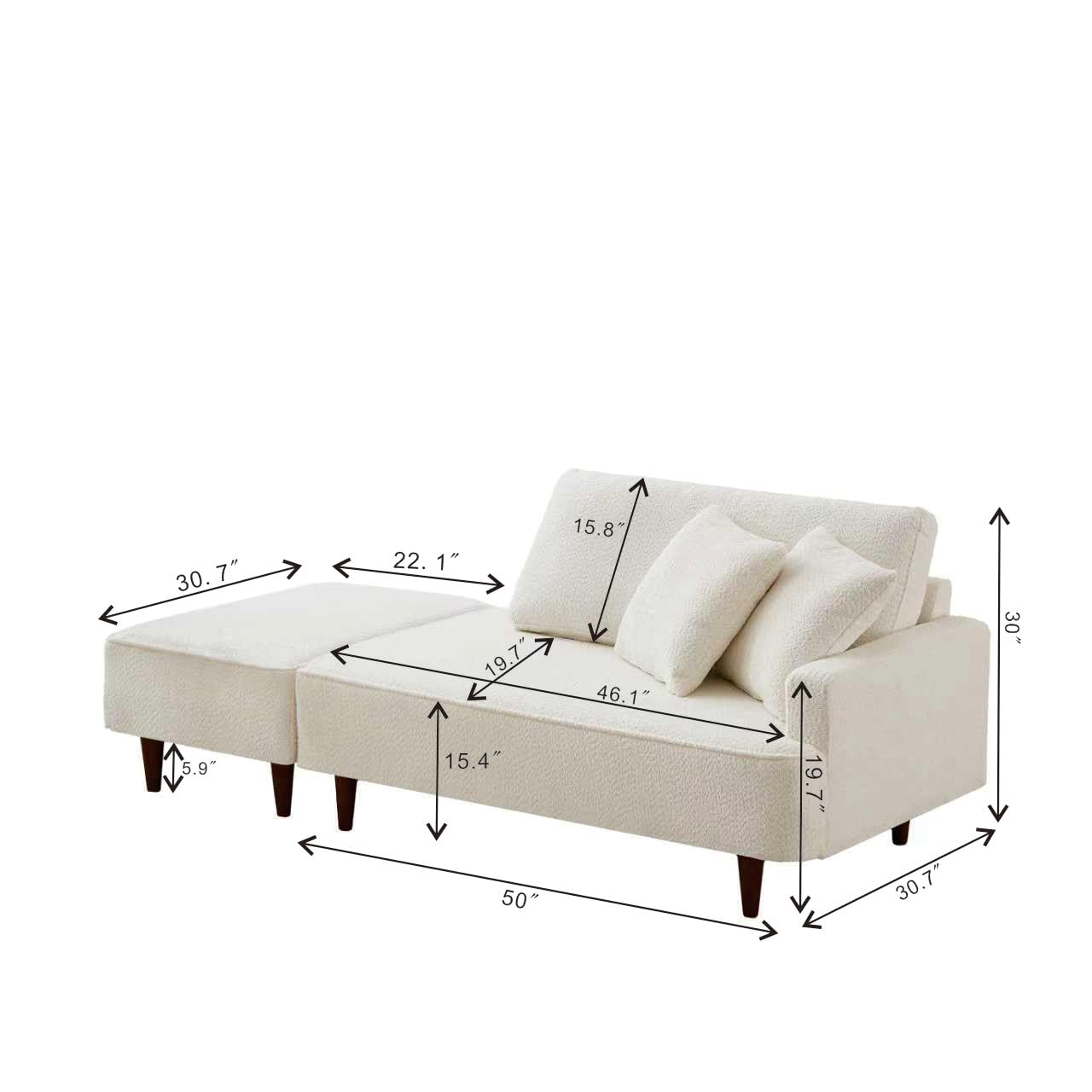 KEIKI 72" Chaise Lounge for Small Spaces, Indoor Boucle Upholstered Chaise Chair with Ottoman, Right-Hand Facing Reading Lounge for Bedroom or Living Room, White