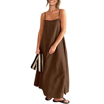 Shy Velvet Women's 2025 Summer Linen Maxi Dress Contrast Spaghetti Strap Dress Backless Sleeveless Casual Party Beach Dresses