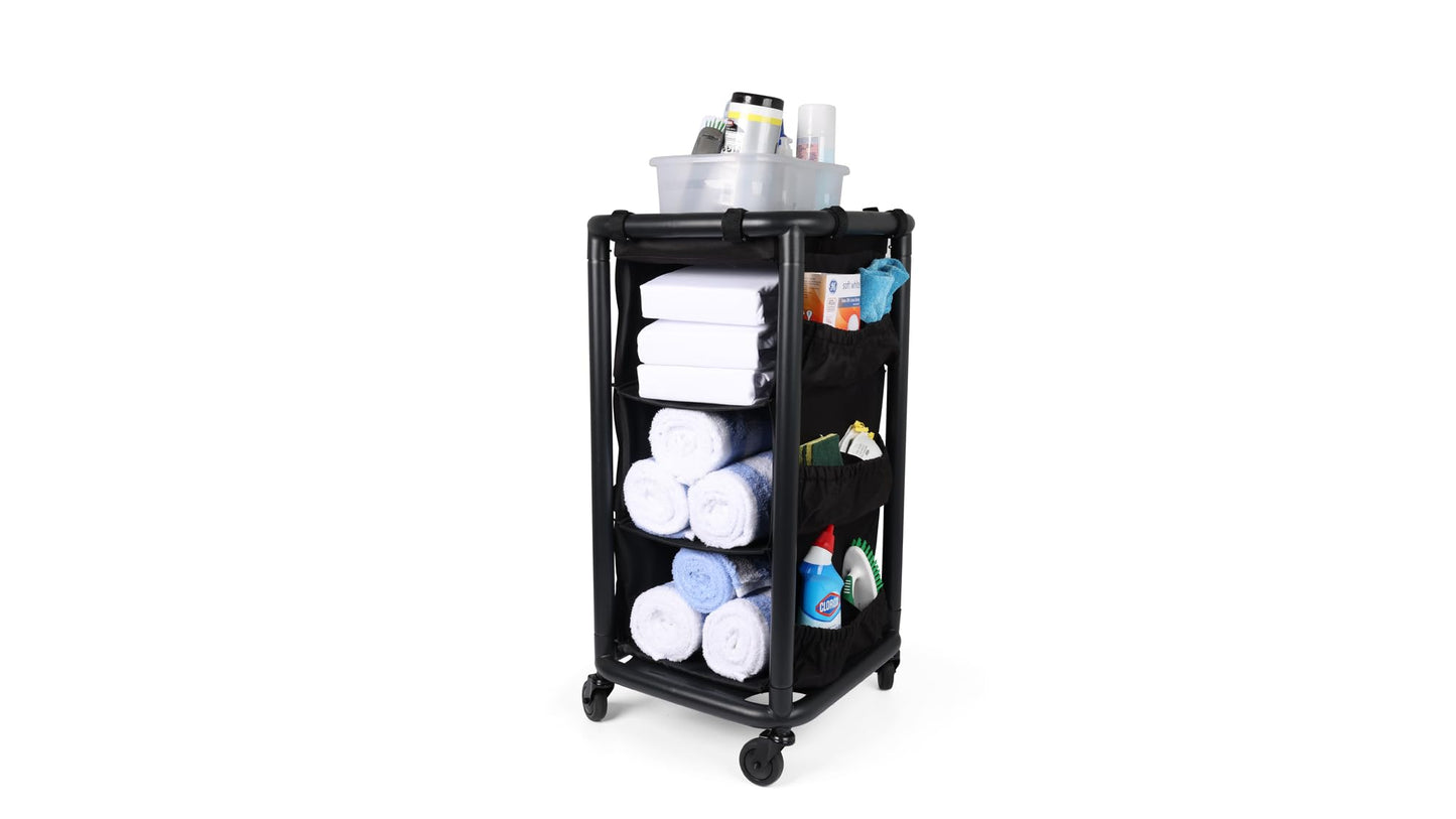 Multipurpose Rolling Janitorial Cart – Ideal for Garage Organization, Car Detailing, Laundry Room/Home Cleaning – Compact Utility Cart on Wheels w/Steel Frame, Organizer & Black Bag – Matte Black