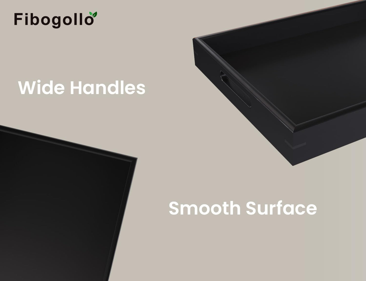 Fibogollo Bamboo Set of 2 Serving Tray with Handles,Decorative Trays Platter,Breakfast Tray in Bed,Food Drinks Tray for Eating,Working,Storing(Black)