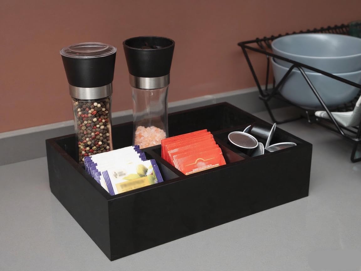 HymoConn Tea Bag Organizer Wood Black, 4 Compartments Tea Bag Holder, Large Capacity Sugar Packet and Coffee Station Organizer, Tea Bags Caddy Drawer Storage Container for Countertop