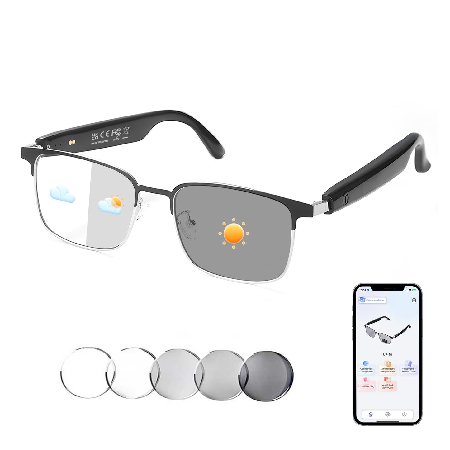 Bluetooth Audio Smart Glasses, Blue Light Glasses for Women Men, Remote Shooting, Open Ear Sound Mic & Speakers, Magnetic Charging, Color-Changing Polarized Sunglasses Lenses, Voice Assistant（GS06S)