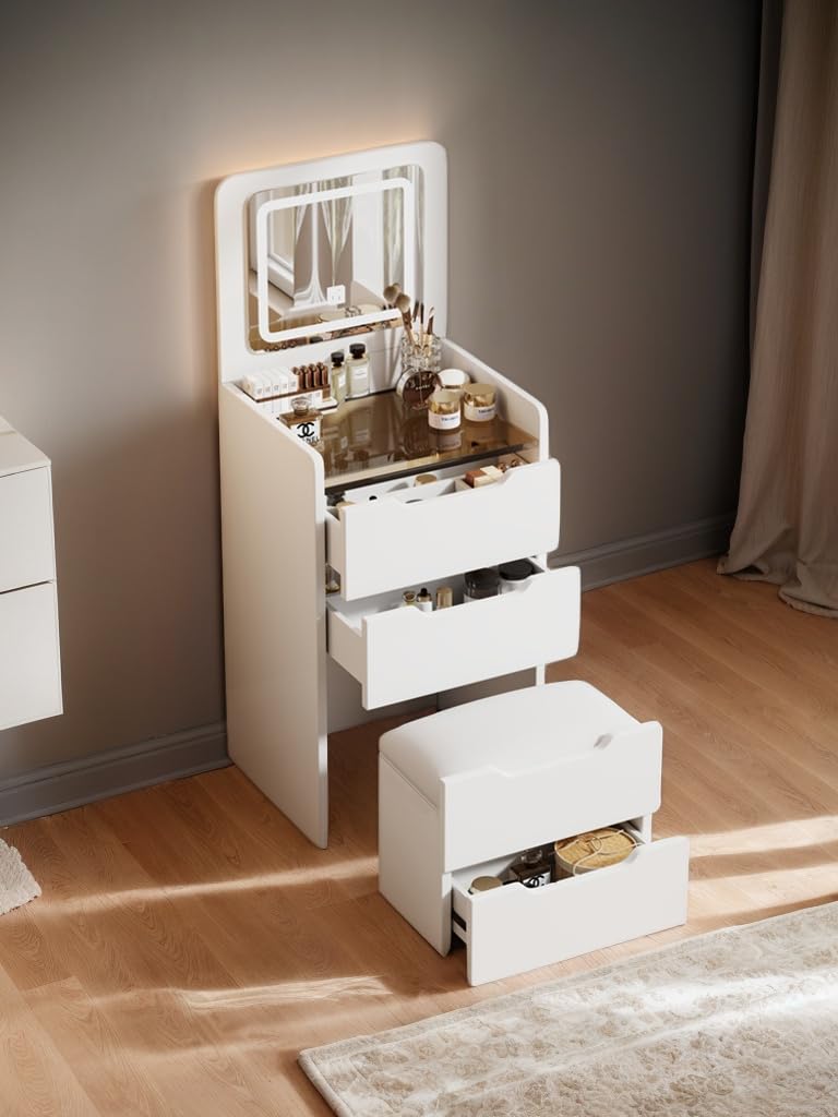 KEIKI Vanity Desk with Plip Top Mirror, 3 in 1 Make Up Vanity Set with 3 Drawers, Dressing Table with Stool for Bedroom, White