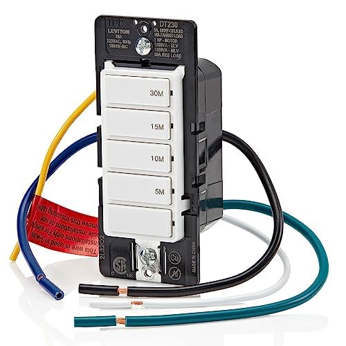 Leviton Countdown Timer Switch for bathroom fan and household lights, 5-10-15-30 min, No Neutral Required, Single Pole, 15A, 1/2 HP/9.8A Fan/Motor, DT130-1LW, White