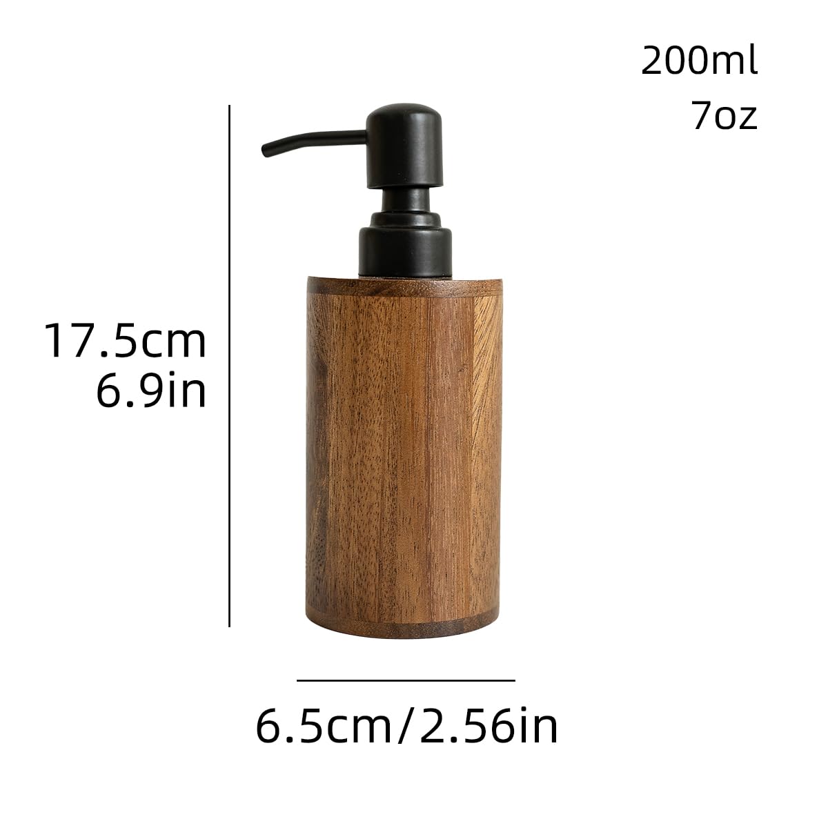 MIGAKU HOME Walnut Wood Soap Dispenser with Pump, Funnel & Label, Refillable Hand Soap Dispenser for Bathroom & Kitchen, Cylinder Design, Rustic Countertop Decor(7oz/200ml)