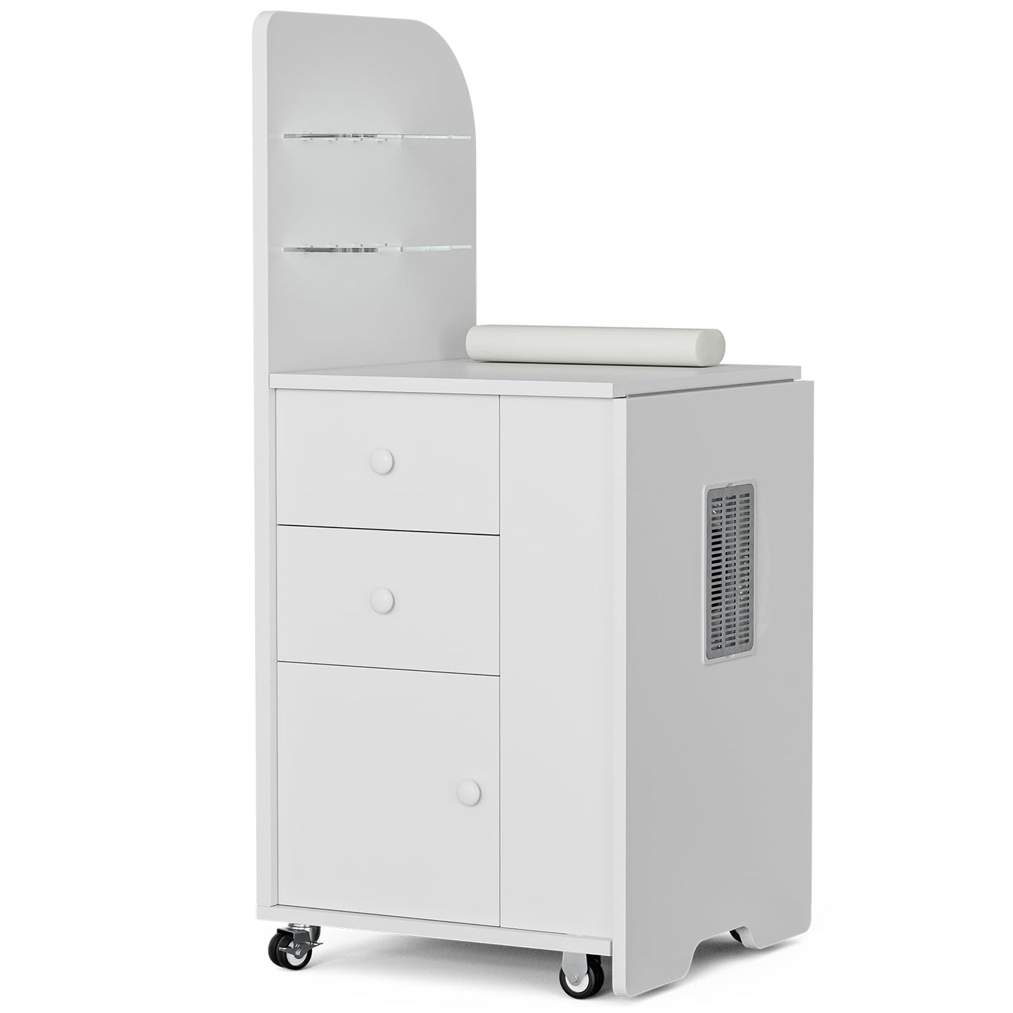 Belandi Foldable Nail Desk Manicure Table, Folding Nail Table Station for Nail Tech w/Dust Collector, 2 Open Shelves & 2 Drawers, Foldable Manicure Desk w/Wrist Cushion, Lockable Wheels