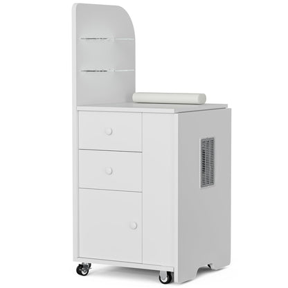 Belandi Foldable Nail Desk Manicure Table, Folding Nail Table Station for Nail Tech w/Dust Collector, 2 Open Shelves & 2 Drawers, Foldable Manicure Desk w/Wrist Cushion, Lockable Wheels