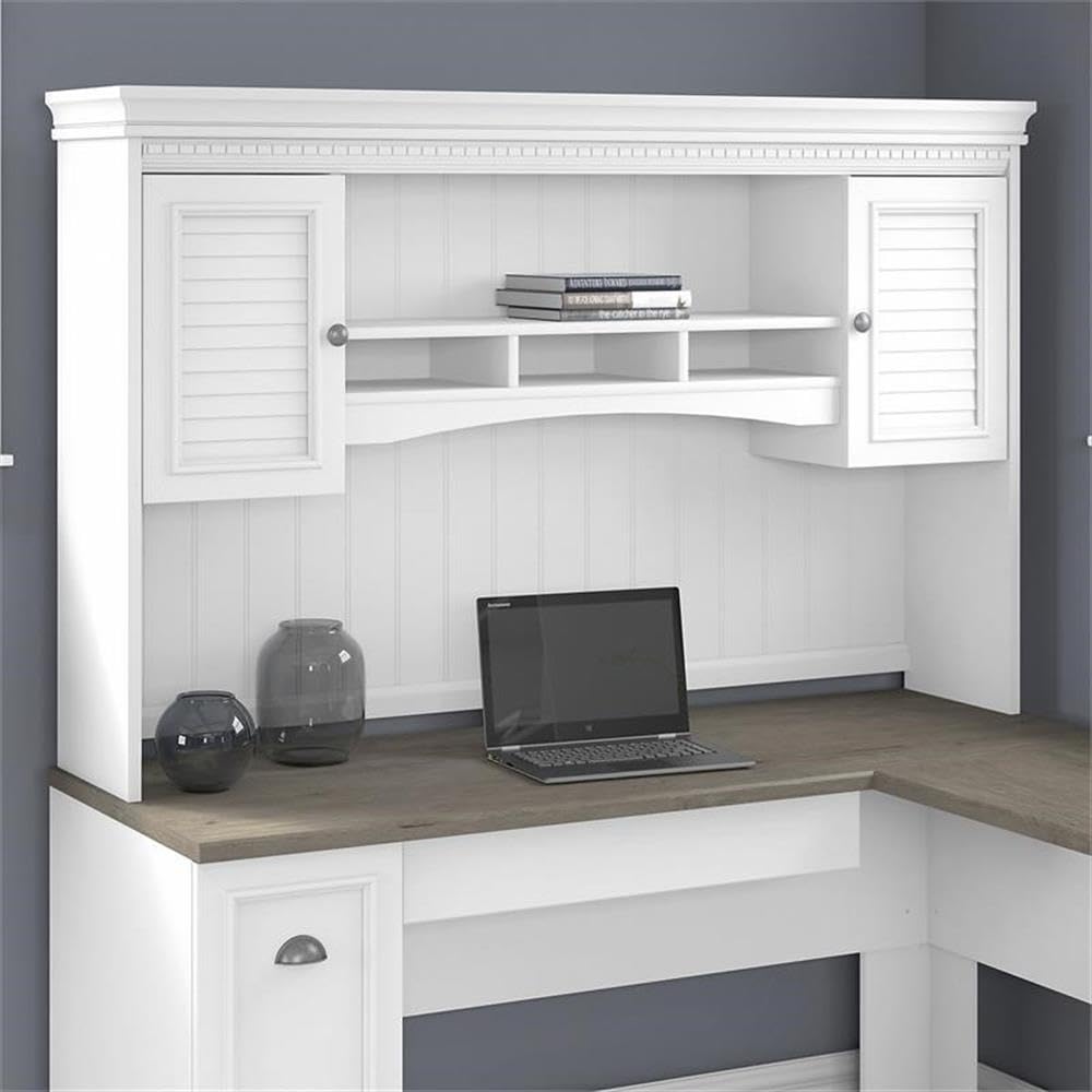 Bush Home Fairview 60W Hutch for L Shaped Desk in Pure White and Shiplap Gray
