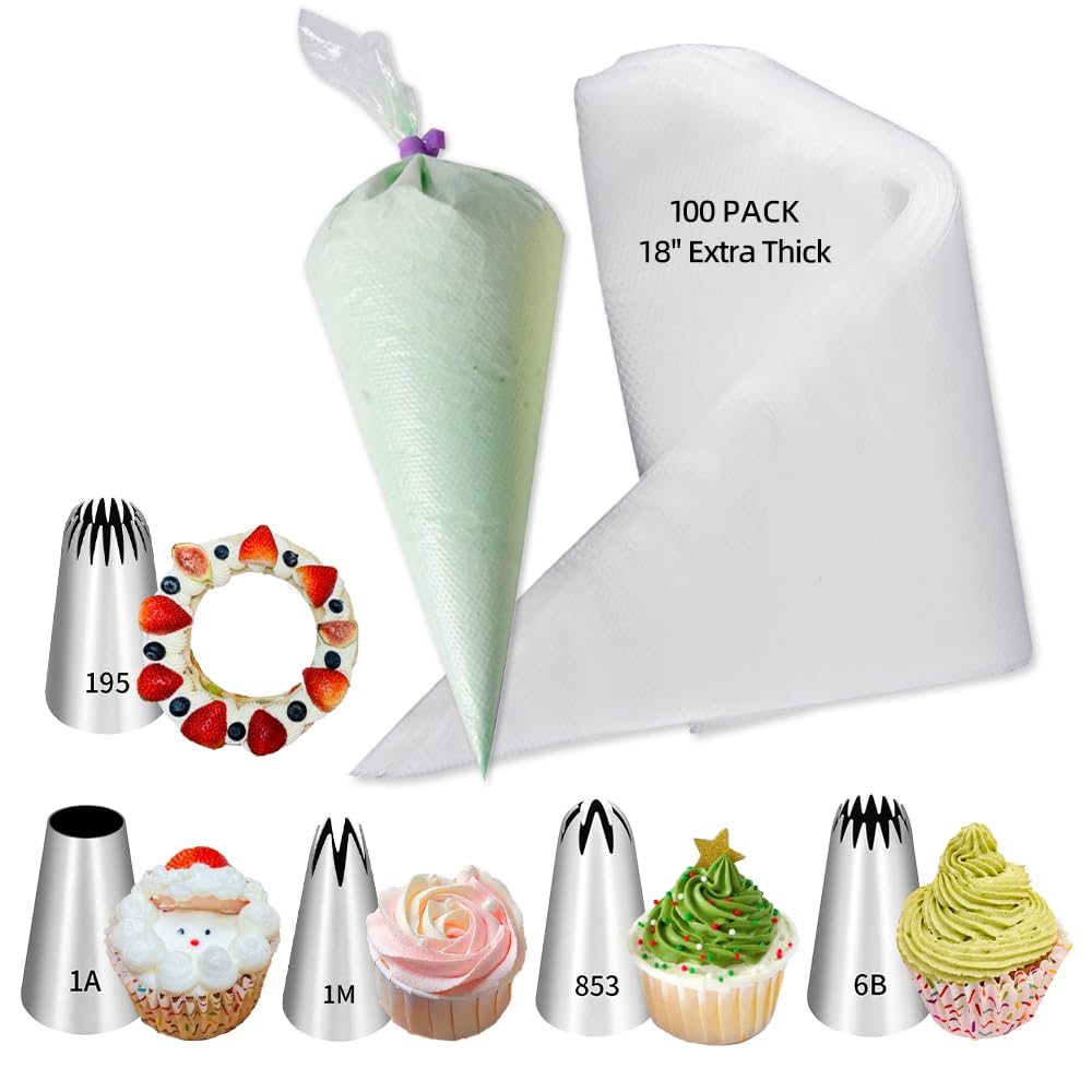 18 Inch Large Piping Bags and Tips Set,100PCS Extra large piping bags Disposable with 5 Piping Tips(Round Tip/Open Tip/Closed Star Tip/Drop Flower Tip/French Star Tip for Cupcakes,Cookie,Cake decor