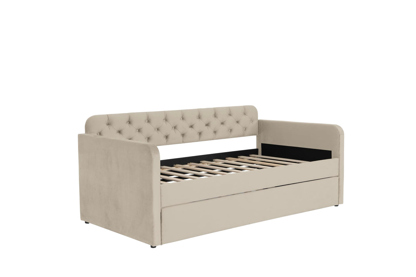 GDFStudio Twin Size Daybed with Trundle, Velvet Upholstered Twin Bed Frame with Headboard & USB Charging Station, Tufted Wood Platform Sofa Bed, Solid Slap Sofa Bed, No Box Spring Needed, Light Beige