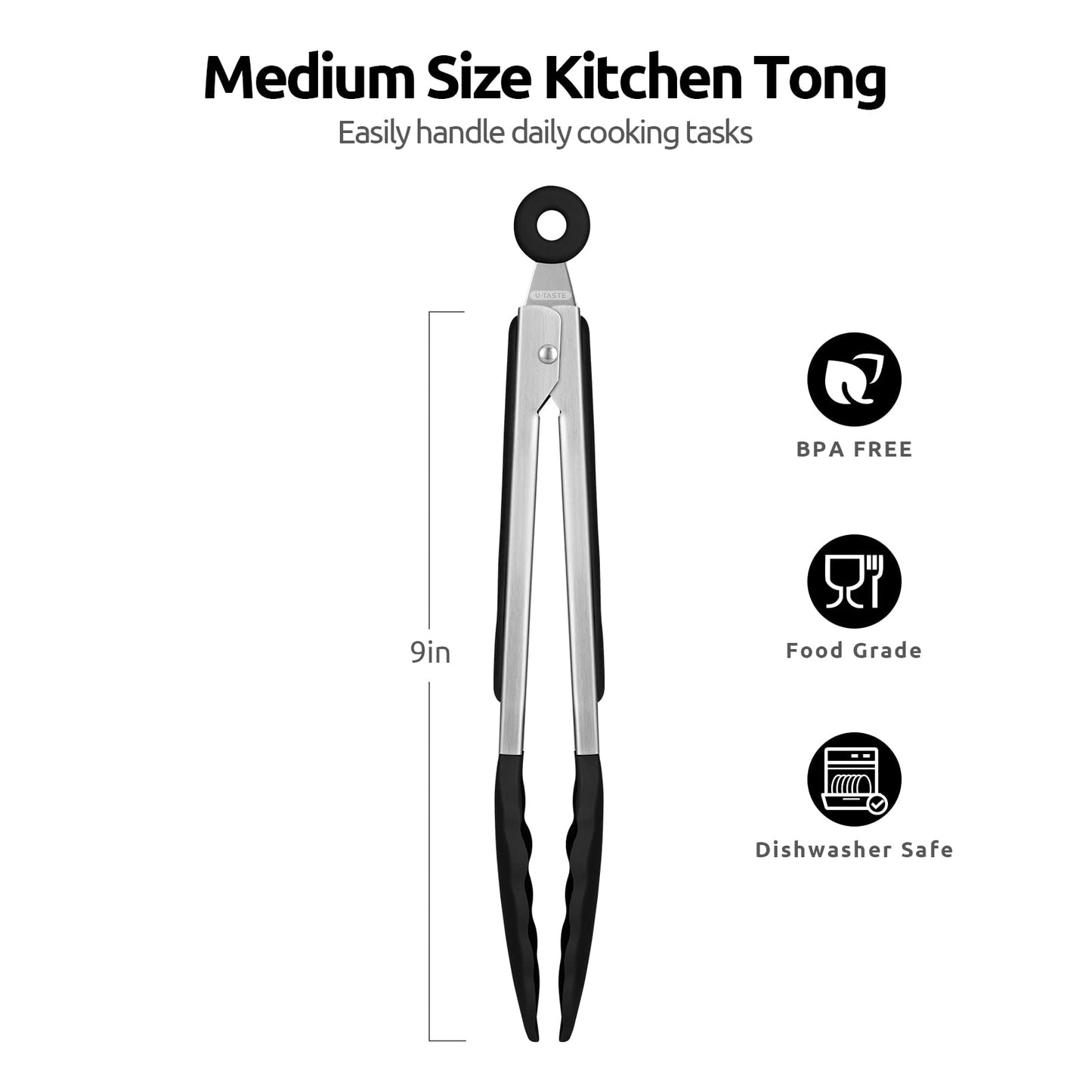 600ºF Heat Resistant Kitchen Tongs: U-Taste 9 inch Silicone Cooking Tong with Firm Sealed Non Stick Rubber Tips & Silicon Coated 18/8 Stainless Steel Handle & Smooth Locking for Serving Salad (Black)