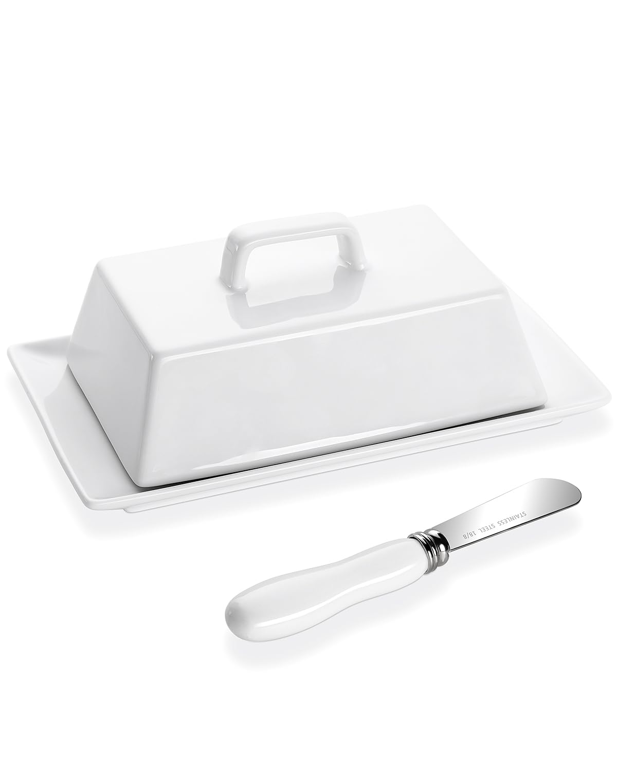 Yedio Large Butter Dish with Lid for Countertop, Porcelain Butter Keeper with Cover and Knife, Butter Holder Tray for 2 Sticks East Coast/West Coast/European Style Butter