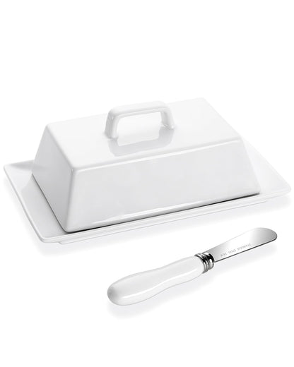 Yedio Large Butter Dish with Lid for Countertop, Porcelain Butter Keeper with Cover and Knife, Butter Holder Tray for 2 Sticks East Coast/West Coast/European Style Butter