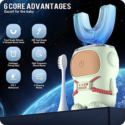 RexCodar Ultrasonic Kid's U-Shaped Electric Toothbrush, IPX7 Waterproof, Five Cleaning Modes, 60S Smart Reminder (Blue Ages 6-12)