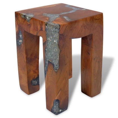 GOLINPEILO Unique Stool Solid Teak Wood and Resin 11.8" x 11.8" x 15.7", Fully Handmade Wooden Bench Solid Wood Dining Bench Rustic Home Décor Furniture, Rustic Wooden Entryway Bench(Style A)