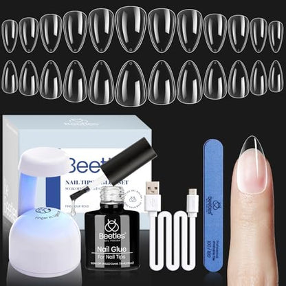 Beetles Gel Nail Extension Kit Almond Shape, Easy 9 in 1 Glue Uv Led Set Etch X Nail Tips Short Almond Half Matte Tips, Gift for Women & Girls, 504 pcs