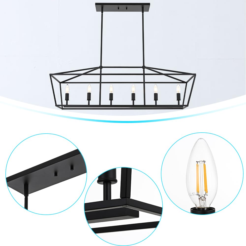 BONLICHT 6 Light Farmhouse Chandelier Black Modern Linear Kitchen Island Lights Industrial Vintage Candle-Style Dining Room Lighting Fixture Hanging Foyer Ceiling Lights with Adjustable Rods,E12 Base