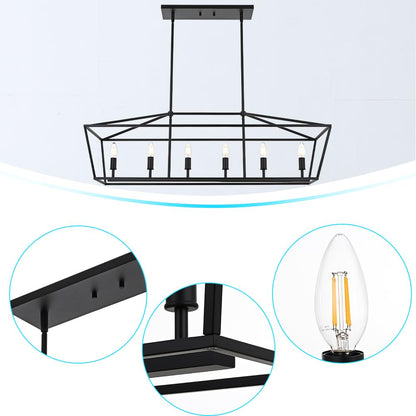 BONLICHT 6 Light Farmhouse Chandelier Black Modern Linear Kitchen Island Lights Industrial Vintage Candle-Style Dining Room Lighting Fixture Hanging Foyer Ceiling Lights with Adjustable Rods,E12 Base
