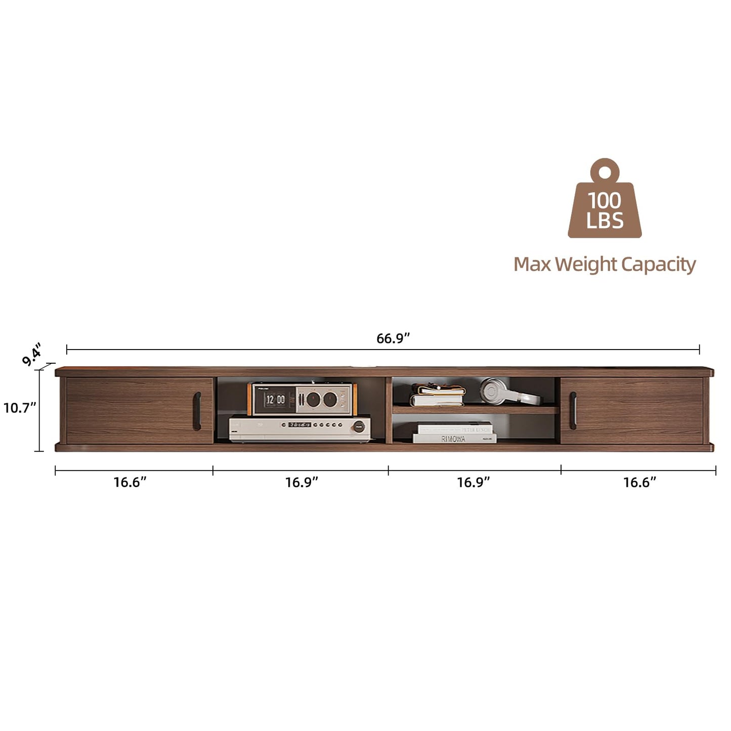 FurniNova Floating TV Stand,66'' Wall Mounted TV Console,Floating TV Shelf,Wall TV Cabinet,Floating Entertainment Shelf,Walnut