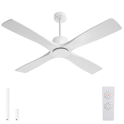LEDLUX 54" Ceiling Fan without Lights -Modern Ceiling Fan no Light, 6-Speed Remote, 4 Solid Wood Blades, Quiet DC Motor, for Bedroom, Living Room, Outdoor, White