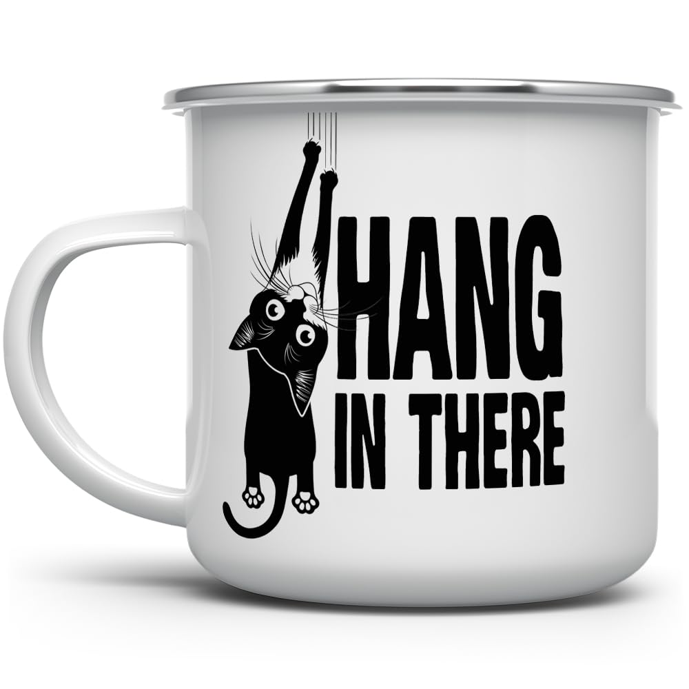 Hang in There Enamel Camping Coffee Mug - Funny Inspirational Motivational Cat Gift Cup for Friend, Coworker, Women,