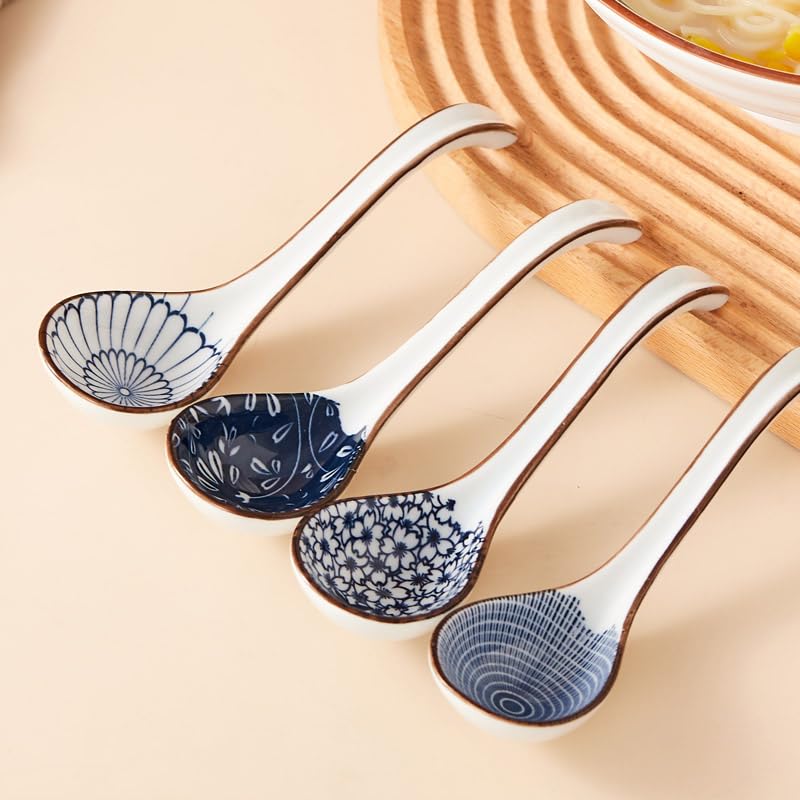 JOBNTZ Asian Soup Spoon,Ceramic Ramen Spoons Japanese Style for Pho, Miso soup, Dumpling, Noodles, Chinese Wonton Dishwasher safe - Set of 4 - Blue