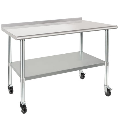 HARDURA Stainless Steel Table 30 x 48 Inches with Wheels Casters NSF Heavy Duty Commercial Prep Table with 2” Backsplash and Adjustable Undershelf for Restaurant Kitchen Home and Hotel
