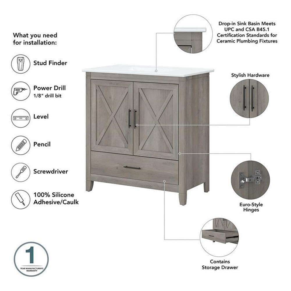 Bush Home Key West 64W Double Vanity Set with Sinks and Medicine Cabinets in Driftwood Gray