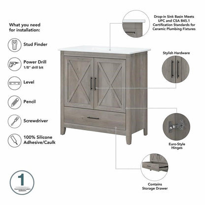 Bush Home Key West 64W Double Vanity Set with Sinks and Medicine Cabinets in Driftwood Gray