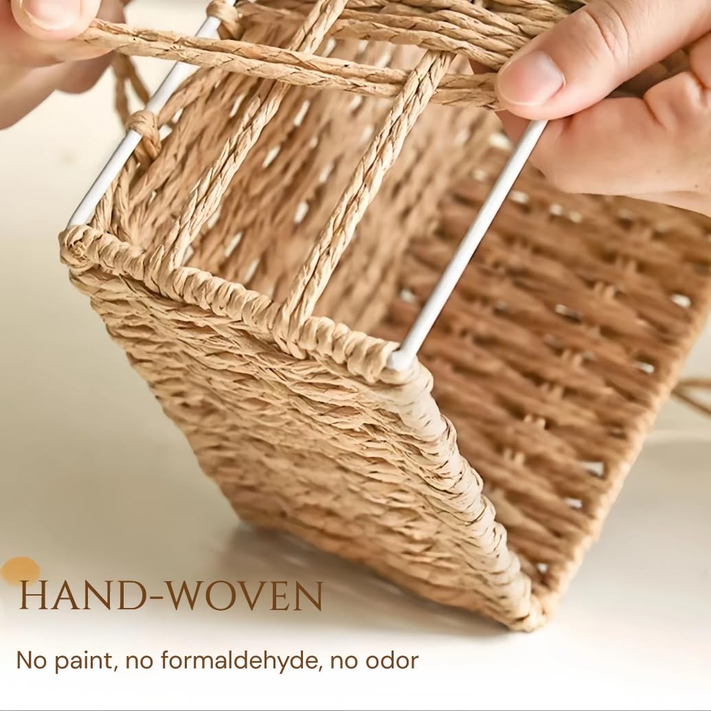 Wicker Baskets with Liner for Counter, Natural Paper Rope Rattan Storage Basket,Hand Woven Pantry Table Organizer Bins for Bedroom Living Room Bathroom School Shelves Office Desk (3 Pack Beige)