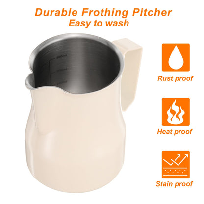uxcell Milk Frothing Pitcher, 12oz / 350ml Stainless Steel Milk Frother Cup with Scale for Milk Steaming Pitcher Latte Art Cappuccino Coffee Espresso Accessories, Beige