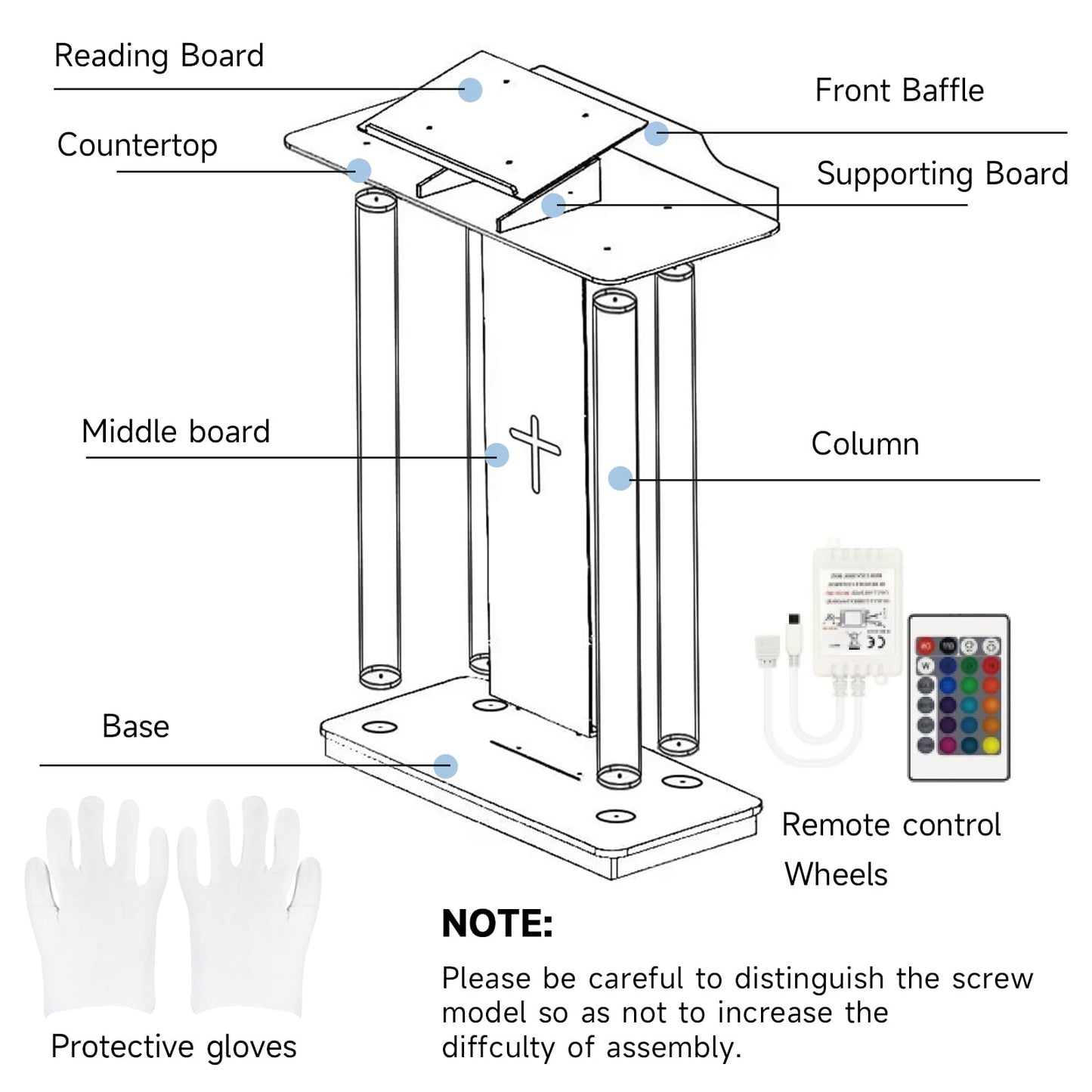 Church Pulpit with 15 Colors Adjustable and 4 Flashing Models, 46” Clear Acrylic Podium with 4 Wheels & Vertical Reading Platform, Lecterns for Churches, Classroom (39.4”L*15.7”W *44”H)