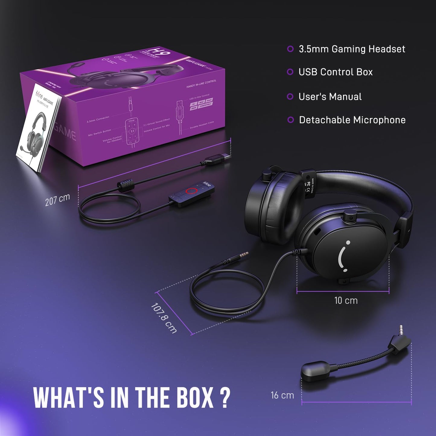 FIFINE Wired Gaming Headset, USB Headphone with 7.1 Surround Sound, Detachable Microphone, Control Box, 3.5mm Headphones Jack, Over-Ear Headset for PC/PS5/Xbox/Switch, Black-AmpliGame H9