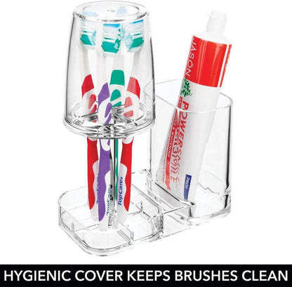 Countertop mDesign Modern Plastic Bathroom Vanity Toothpaste & Toothbrush Holder Stand with Rinsing Cup/Cover - Dental