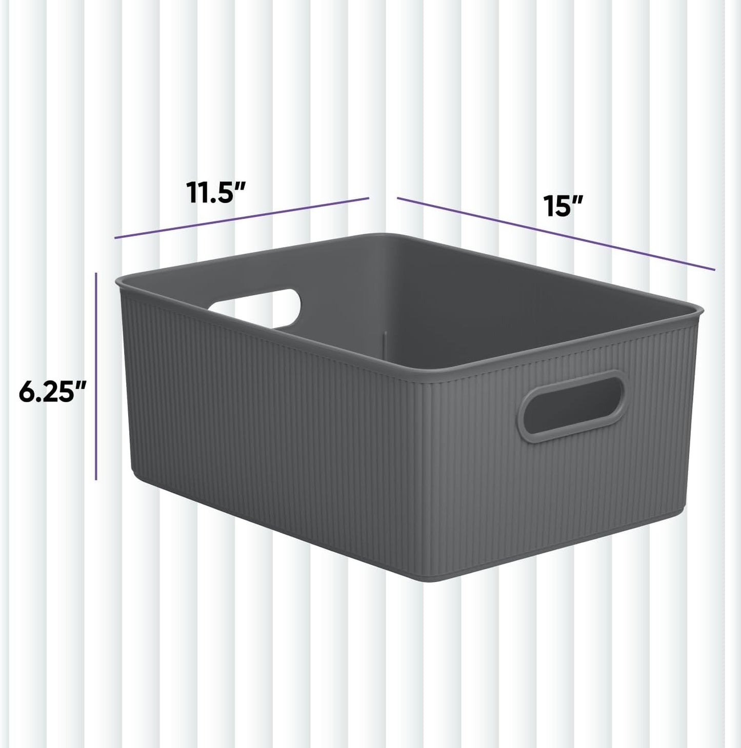 Superio Ribbed Collection Decorative Plastic Open Home Storage Bins, Large Grey (2 Pack), 15 Liter/16 Quart