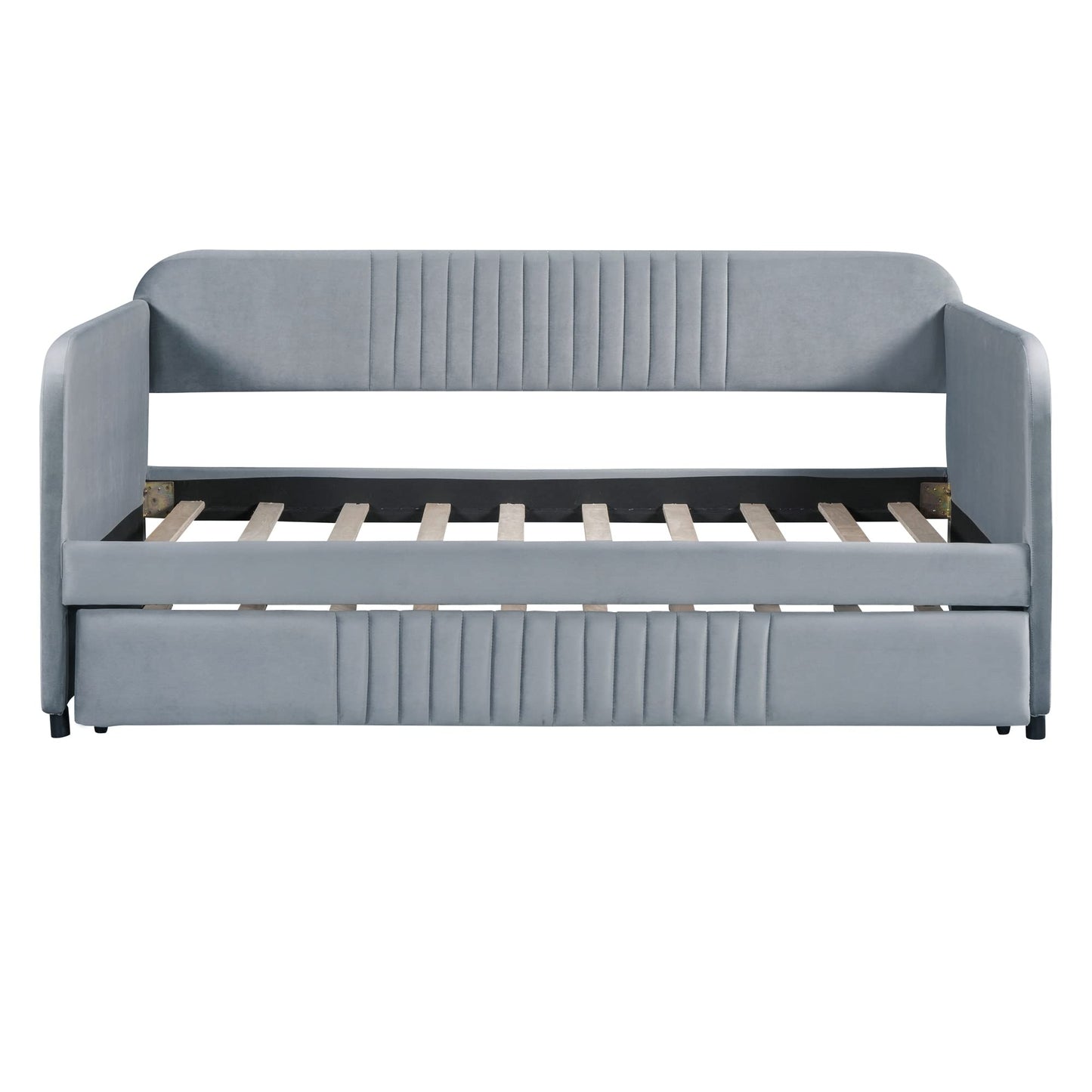 Merax Twin Size Upholstered Daybed with Trundle Bed and Wood Slat, Gray Velvet Sleeper Sofa Bed, No Box Spring Needed