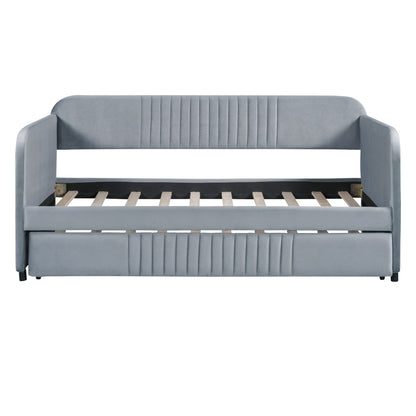 Merax Twin Size Upholstered Daybed with Trundle Bed and Wood Slat, Gray Velvet Sleeper Sofa Bed, No Box Spring Needed
