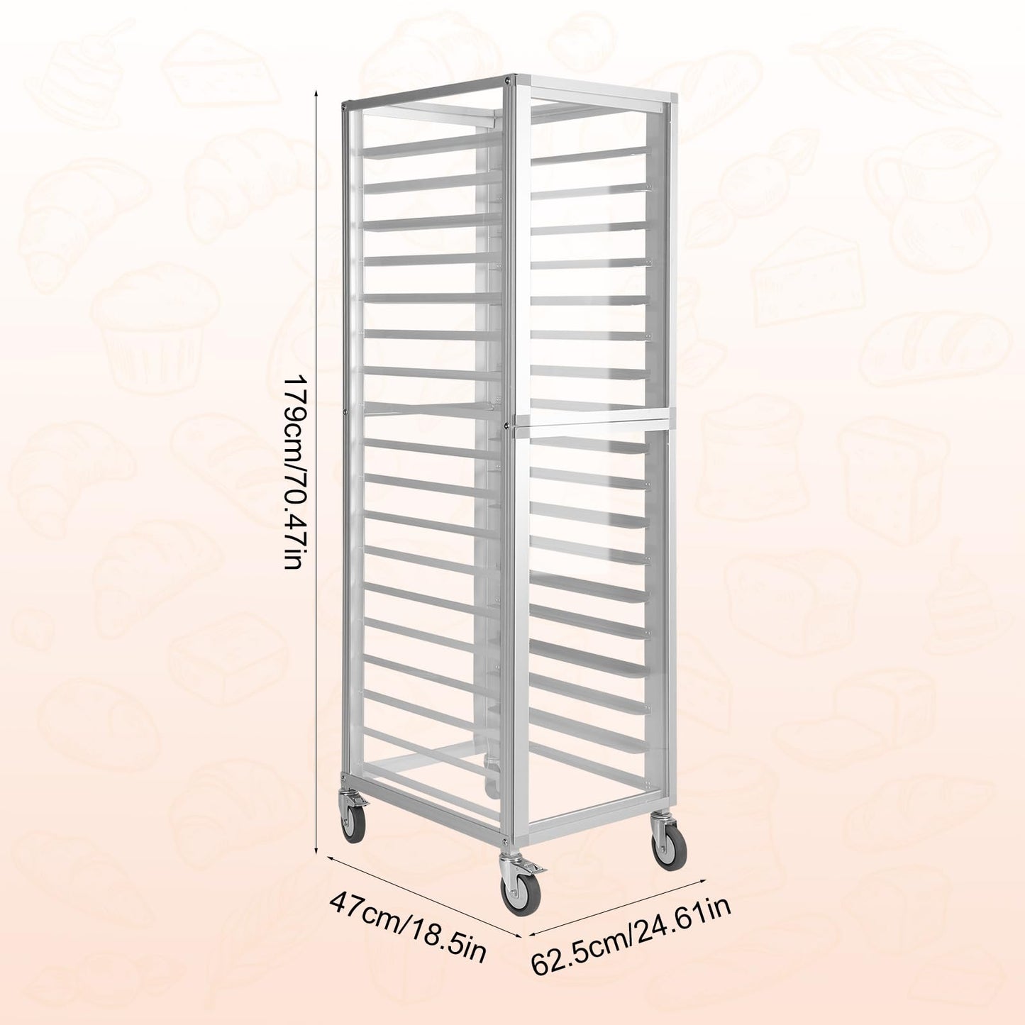 18 Tiers Aluminium Bun Pan Rack with Wheels NSF Commercial Bakery Racks for Kitchen Home Bread Baking Restaurant & Catering 18.5x24.6x70in