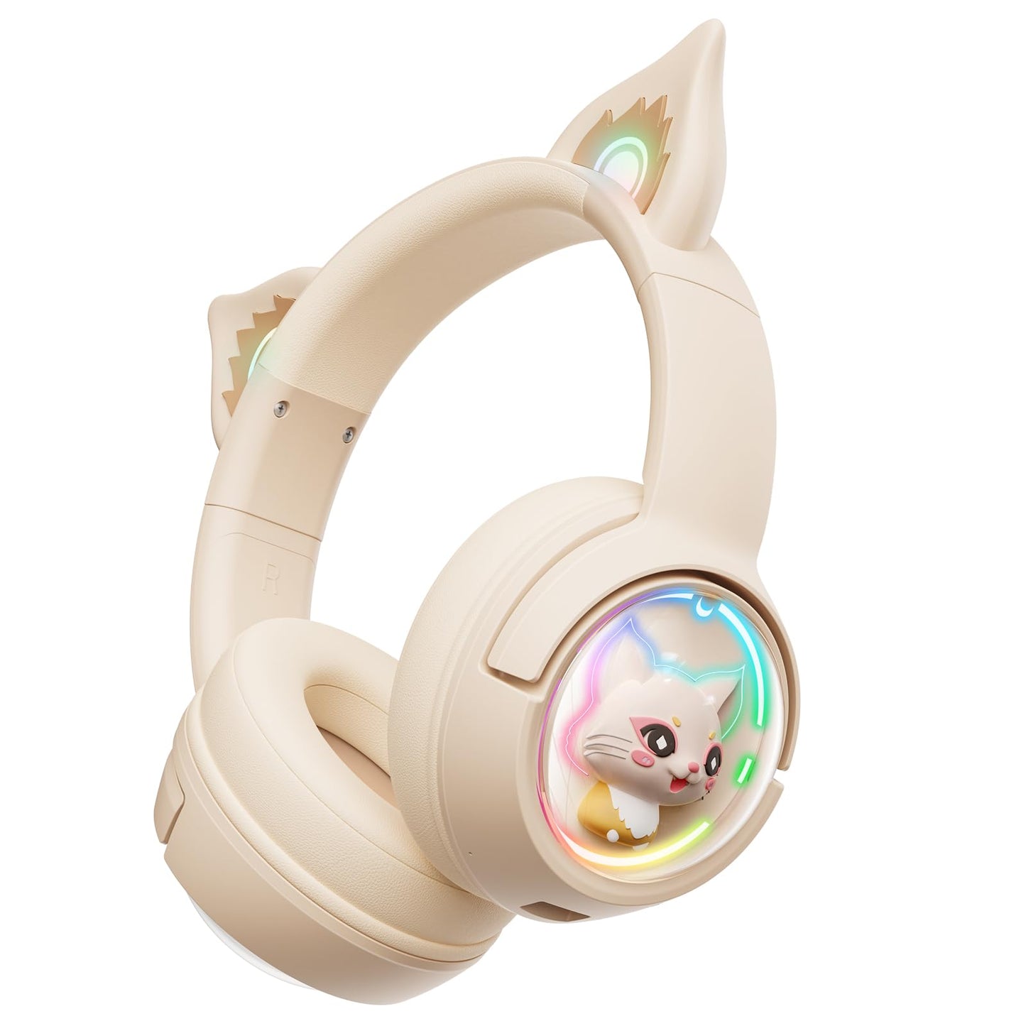 PHNIXGAM Cat Bluetooth Headphones, Wireless Headset with Mic, RGB LED Light Compatible with Mobile Phones PC Tablet, with 3.5mm Wired Mode for Audio Only, Beige