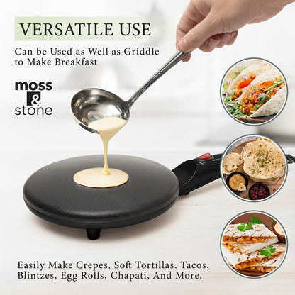 Moss & Stone Electric Crepe Maker – 8” Portable Crepe Pan Nonstick with Dipping Plate, Auto Shut-Off, On/Off Switch, Even Heating & One Automatic Temperature Control – Compact Crepe Maker