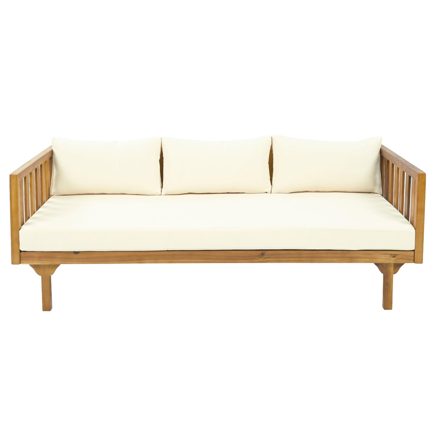 Christopher Knight Home Claremont Outdoor 3 Seater Acacia Wood Daybed with Fabric Water Resistant and Removable Cushions, Patio Garden Poolside Sofa with Slat Paneling Armrest and Back, Teak and Beige