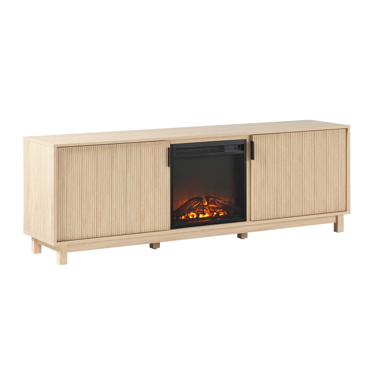 Walker Edison Arundo Reeded TV Stand with Fireplace & Storage, 70" Fireplace, Coastal Oak