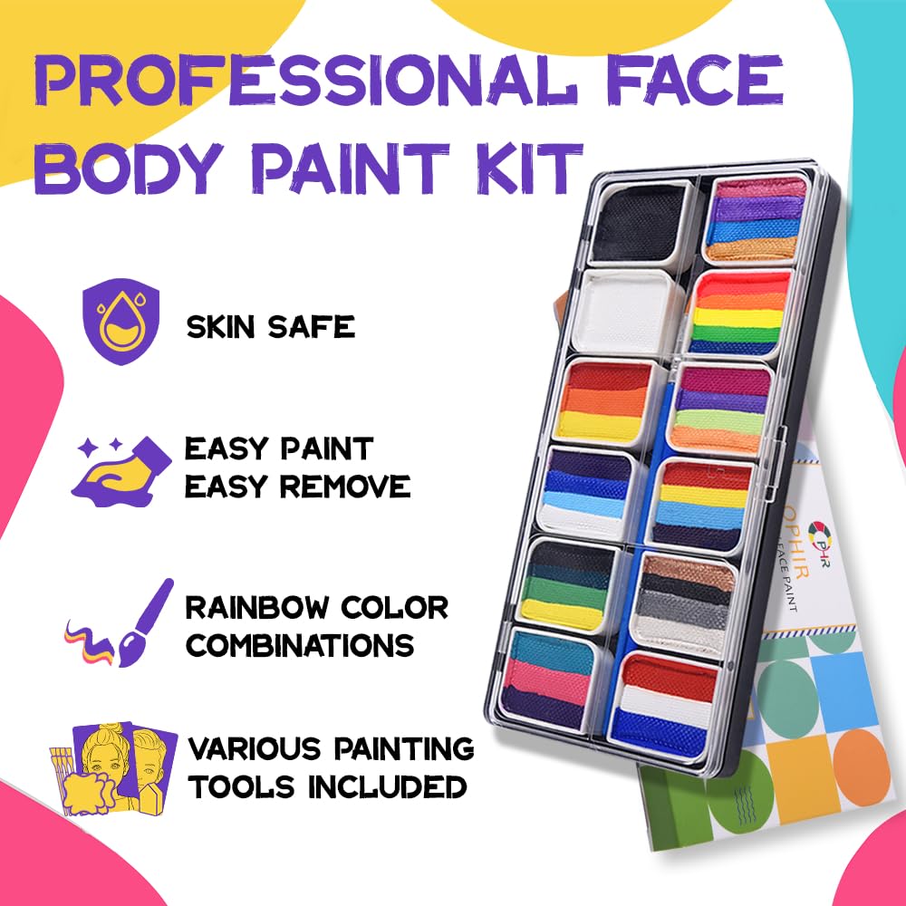 OPHIR Professional Face Painting Kit for Kids & Adults, 5.14 oz Non Toxic Water Activated Rainbow Split Cake Face Paint with Stencils, Brushes, Practice Boards for Summer Fun Halloween Party Festivals