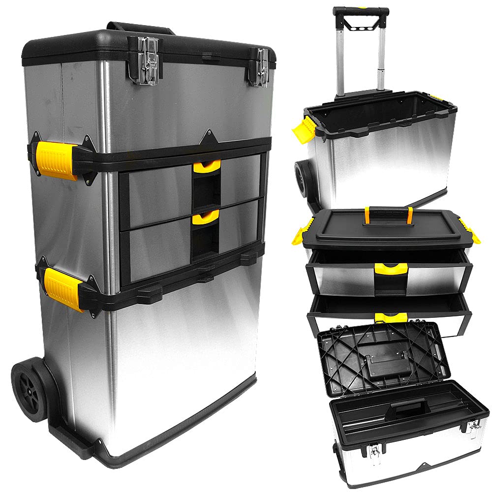 3-Part Portable Tool Box - Stainless-Steel Drawer Organizer with Wheels, Extendable Handle and Tough Latches - Rolling Tool Chest by Stalwart (Silver)