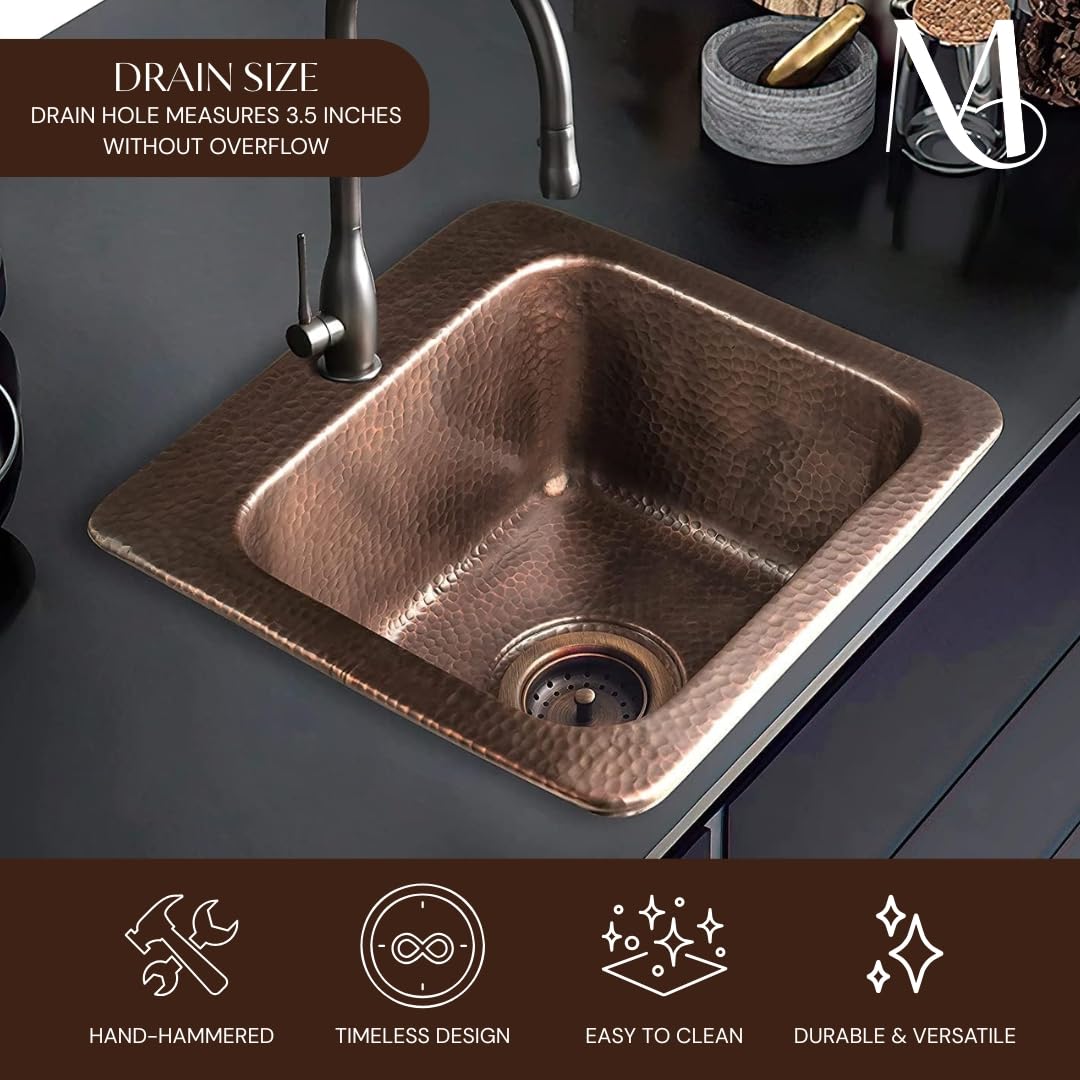Monarch Abode Kitchen & Bar Sink – 15-inch Baxter Drop in Small Bar Sink, Hand Hammered Pure Copper Sinks with Faucet Hole for Wet Kitchens, Decorative Kitchen Sinks, Single Drop in RV Sinks
