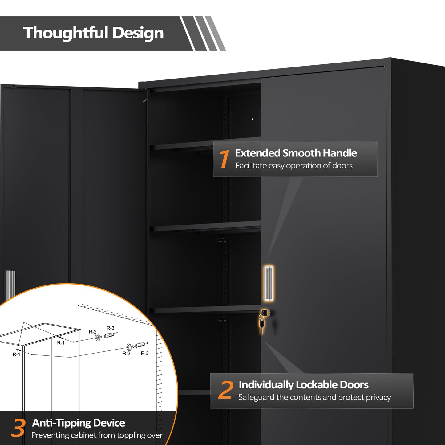 VINGLI Large Metal Storage Cabinet with 2 Doors and 5 Adjustable Shelves, Upgraded Height & Wide & Deep, 43''W x 20''D x 72''H, Oversized Garage Storage Cabinet with Wheels and Locks (Black)