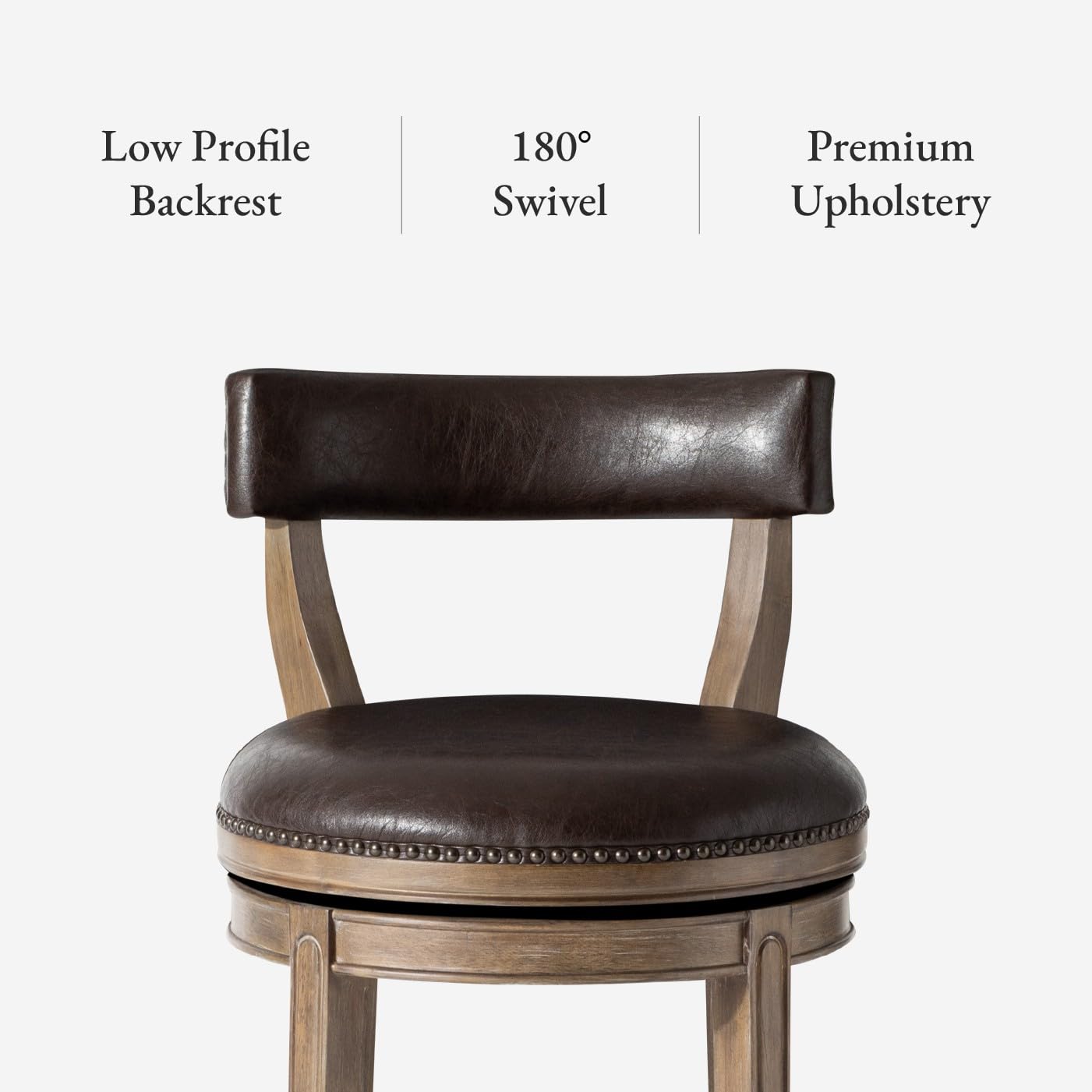 Maven Lane Alexander Counter Stool 26 Inches – Swivel Stool with Footrest – Brown Solid Wood and Brown Faux Leather Upholstery – Perfect for Kitchen Island and Counter