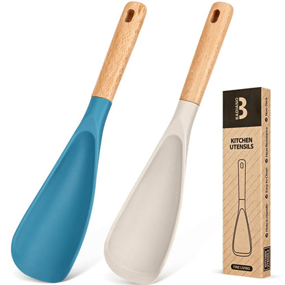 Cooking Spoon for Nonstick Cookwares, Great for Cooking and Serving Sturdy BPA-Free Matte Silicone, Wood Handle Spoon for Mixing, Scoop, and Scrape (Khaki & Turquoise, 11.4 inch)