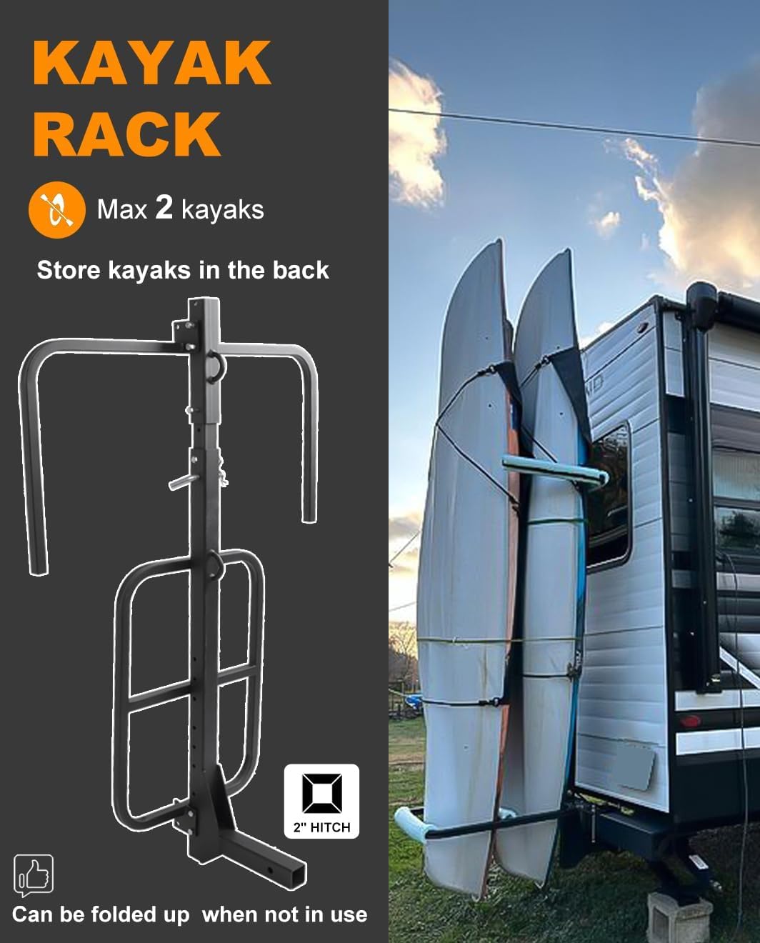 Autoholic Upgraded RV Hitch Mount Kayak Rack Height Adjustable Vertical Kayak Carrier for RV, Truck, SUV Holds 2 Kayaks up to 12' & 150LBS & 2'' Hitch Receiver