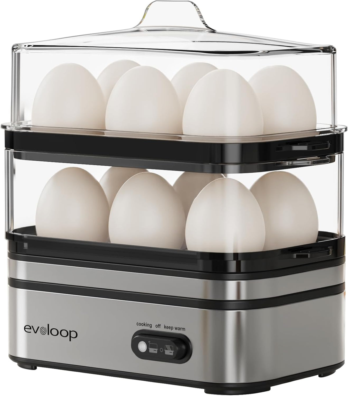 12 Evoloop Rapid Egg Cooker Electric Eggs Capacity, Soft, Medium, Hard Boiled, Poached, Omelet Maker Egg Poacher